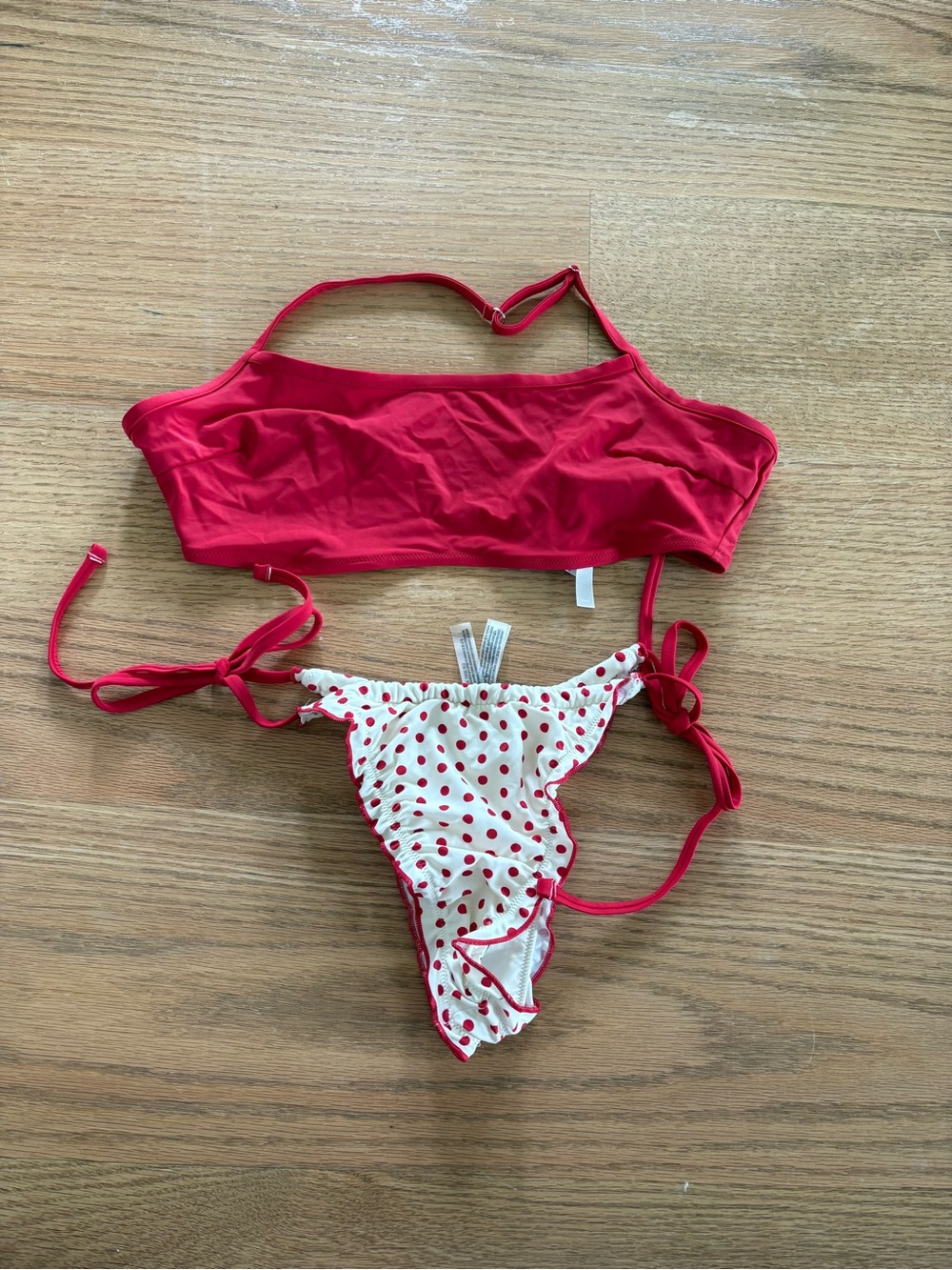 Red Two-Piece Bikini Set with White Polka Dot Bottom